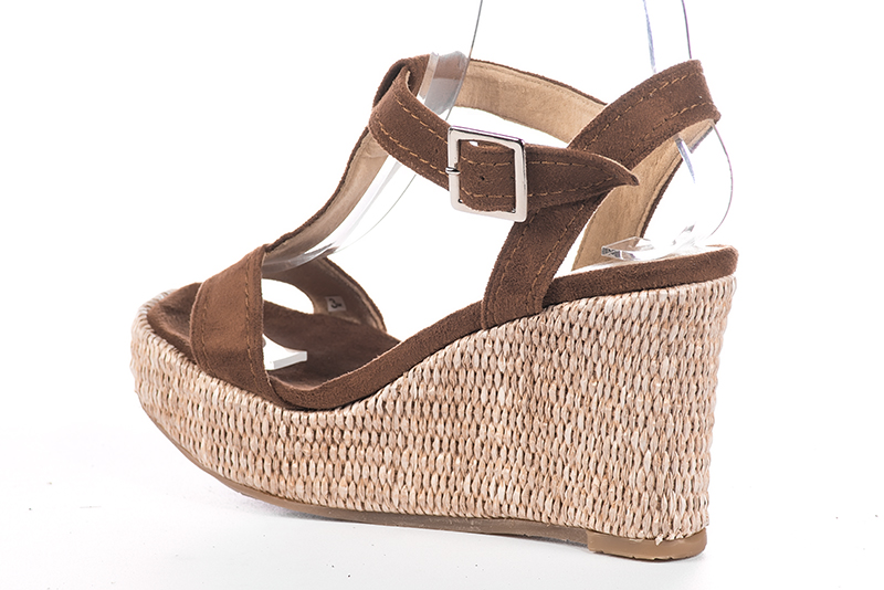 Caramel brown women's fully open sandals, with an instep strap. Square toe. High wedge soles. Rear view - Florence KOOIJMAN